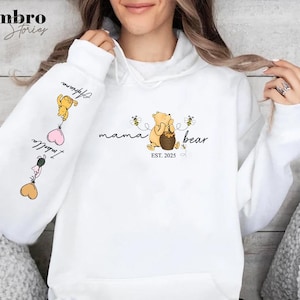 Personalised Mama Bear Hoodie, Custom Mama Est Printed Hoodie, Mama Bear Hoodie with Kids Names on Sleeve, Mother&#39;s Day Gifts, New Mum Gifts