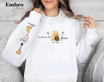 Personalised Mama Bear Hoodie, Custom Mama Est Printed Hoodie, Mama Bear Hoodie with Kids Names on Sleeve, Mother's Day Gifts, New Mum Gifts