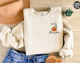 Hello Pumpkin Embroidered Sweatshirt, Vintage Fall Pumpkin Sweater, Vintage Halloween Jumper, Spooky Season Jumper, Halloween Outfits Gifts