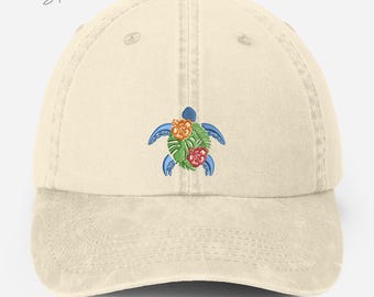 Embroidered Sea Turtle Hat, Vintage Ocean Turtle Hat, Floral Turtle Beach Hat, Sea Animal Baseball Caps, Gifts for Her, Turtle Lover Gifts