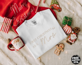Suéter para la primera Navidad como esposa, Sudadera navideña de cuello redondo, Suéter bordado para la futura novia, Suéter navideño a juego, Regalo para la víspera de Navidad