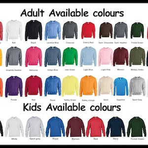 Puede incluir: Una exhibici&oacute;n de sudaderas para adultos y ni&ntilde;os en varios colores, incluyendo rojo, azul, verde y negro. El texto "Adult Available colours" y "Kids Available colours" se muestra en la parte superior de la imagen.
