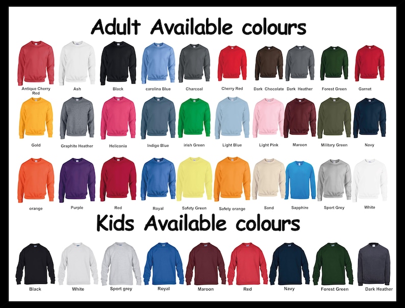 Puede incluir: Una exhibici&oacute;n de sudaderas para adultos y ni&ntilde;os en varios colores, incluyendo rojo, azul, verde y negro. El texto "Adult Available colours" y "Kids Available colours" se muestra en la parte superior de la imagen.