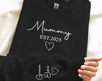 Custom Mummy Est Date Sweatshirt, Personalised Kids Name on Sleeve Sweater, Pregnancy Reveal Jumper, Mummy To Be Sweater, Mothers Day Gifts