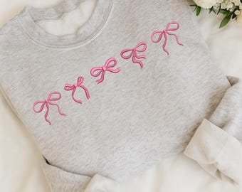 Cute Mini Bow Embroidered Sweatshirt, Trendy Pink Ribbon Crewneck Sweater, Coquette Bow Womans Jumper, Breast Cancer Awareness Gift for Her