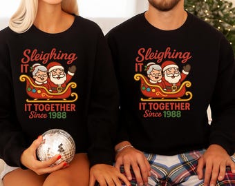 Custom Sleighing It Together Sweatshirt, Personalised Couples Christmas Sweater, Wifey Hubby Matching Holiday Jumper, Christmas Gift For Her