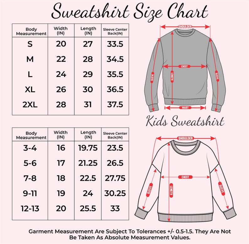 Puede incluir: Una tabla de tallas de sudaderas con medidas en pulgadas para tallas de adulto y ni&ntilde;o. La tabla detalla las medidas de ancho, largo y centro de la manga trasera. El texto dice "Sweatshirt Size Chart" y "Kids Sweatshirt".