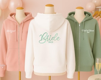 Sudaderas personalizadas para novias, sudaderas con cremallera bordadas para damas de honor, regalos para futuras novias, regalos para despedidas de soltera