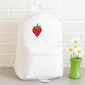 Personalised Kids Initial Backpack, Embroidered Strawberry Childrens Rucksack, Custom Initial Back To School Nursery Bag, Girls School Gifts