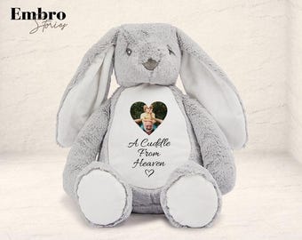 Conejito de peluche personalizado "Un abrazo del cielo", con foto conmemorativa personalizada, para recordar a un ser querido, regalo de recuerdo conmemorativo