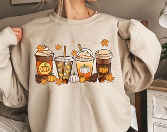 Pumpkin Spice Latte Sweatshirt, Fall Coffee Lover Pullover Sweater, Autumn Cozy Crewneck Jumper, Spooky Season Sweater, Coffee Sweatshirt