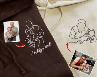 Personalised Dad Portrait from Photo Hoodie, Embroidered Family Outline Sketch Hoody, Fathers Day Matching Jumper, Best Daddy Birthday Gifts