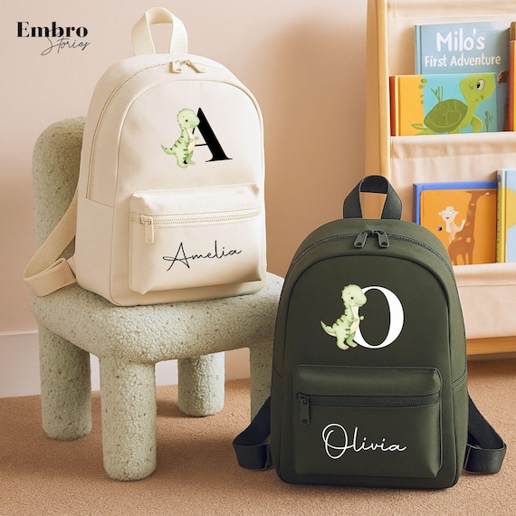 Personalised Dinosaur Backpack, Cute Boys Girls Dino Rucksack, Custom Name & Initial Backpack, Childrens Back to School Gift, Toddlers Bag