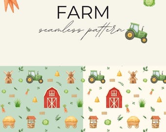 Farm Seamless Pattern | Barn, Tractor & Carrots (Digital Paper)