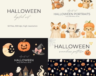 Halloween Clipart Bundle | Cute Animals, Ghosts, Pumpkins (Digital PNG + Seamless Pattern)