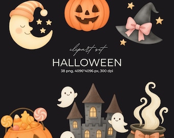 Cute Halloween Clipart Stickers | Ghosts, Pumpkins (Digital PNG)