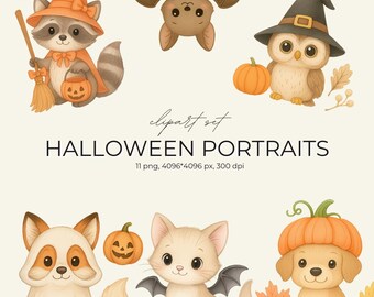Halloween Animal Portraits Clipart: Cat, Bat, Fox, Bunny, Dog, Hedgehog, Owl | Digital PNG
