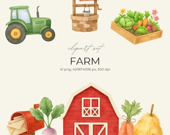 Farm Clipart Set | Rustic Tractor, Barn, Vegetables (Digital Download)