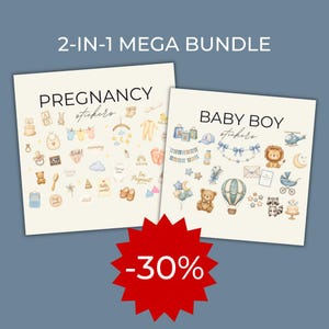 Op de afbeelding: Een 2-in-1 megabundel met digitale stickers bestaande uit twee vierkante vellen. Eén vel is getiteld PREGNANCY stickers met illustraties van babykleding en speelgoed. Het andere is getiteld BABY BOY stickers met blauwe iconen en een rode -30% ster.