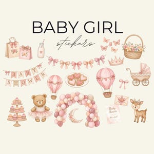 Può includere: Una collezione di adesivi digitali con il testo BABY GIRL stickers, tra cui un orsacchiotto in tutù, una carrozzina, mongolfiere, un arco di palloncini, un'alzata per cupcake, un cesto di fiori, farfalle e uno striscione per baby shower.