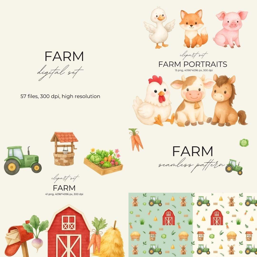 Watercolor Farm Clipart Bundle | Animals & Tractor (digital Download ...