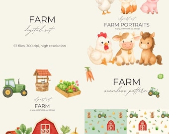 Watercolor Farm Clipart Bundle | Animals & Tractor (Digital Download)