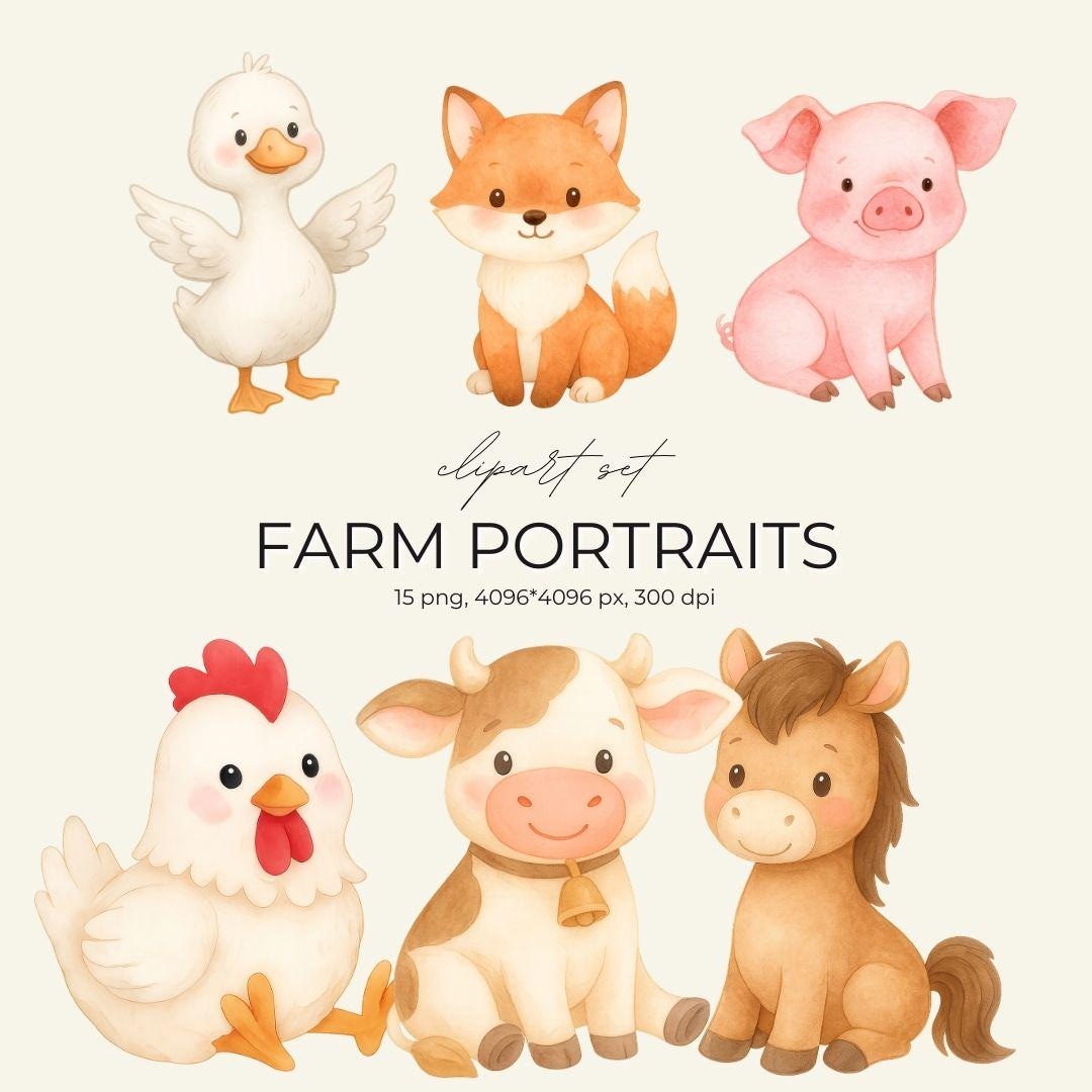 Farm Animal Clipart PNG | Watercolor Nursery Decor, Baby Shower ...
