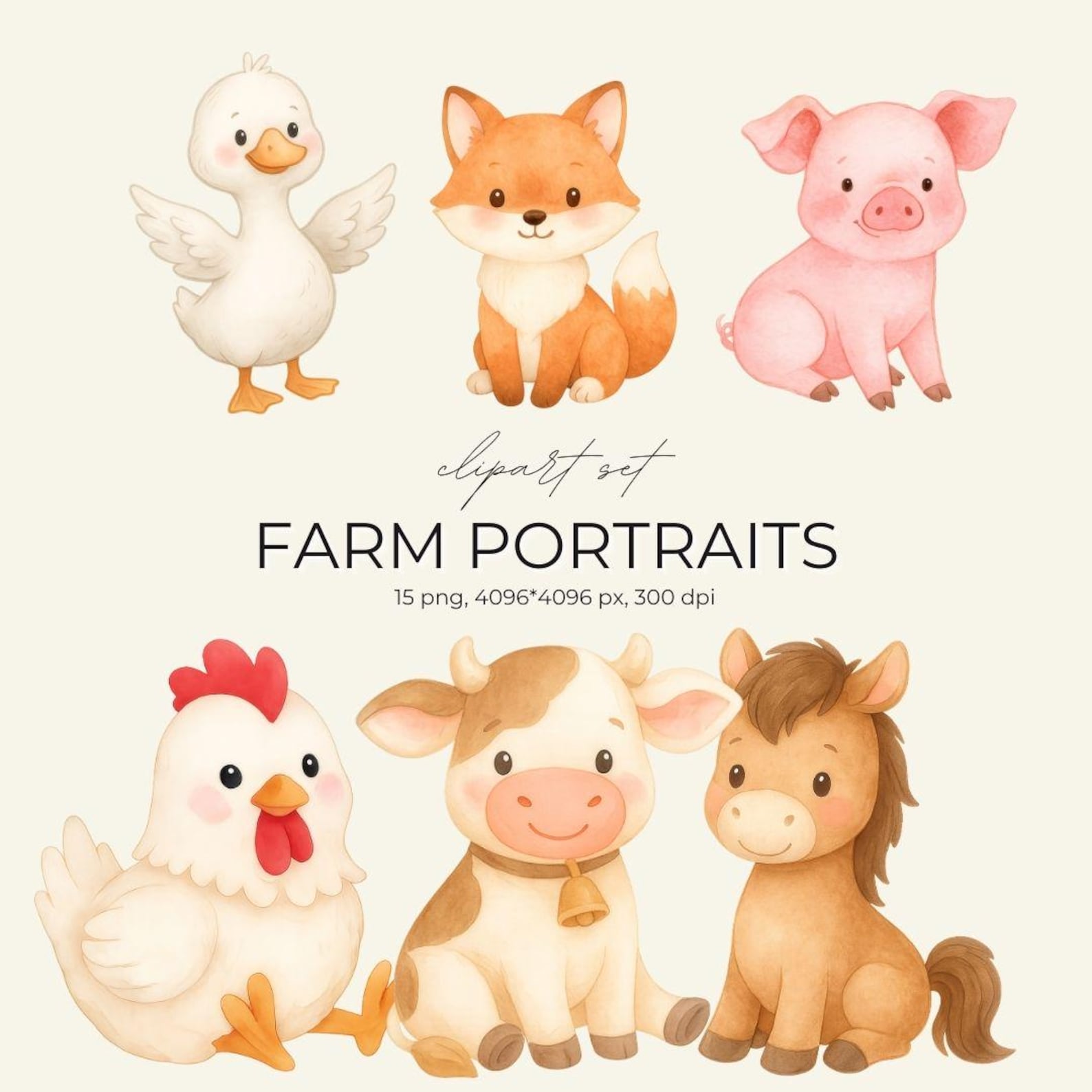 Farm Animal Clipart PNG | Watercolor Nursery Decor, Baby Shower ...