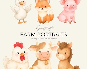 Watercolor Farm Animal Clipart | Cute Portraits PNG (Digital Download)