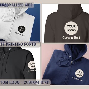 May include: Four different color hoodies with a white circle on the front that says "YOUR LOGO" and "Custom Text" underneath. The hoodies are white, brown, black, and navy blue.