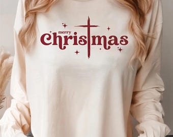 Christian Christmas Cross Long Sleeve Tee, Faith Holiday Gift, KingArtDesigner