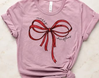 Christmas Bow Shirt, Coquette Holiday Crewneck & V-Neck, KingArtDesigner