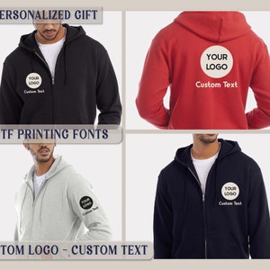 May include: Four different color zippered hoodies with a white circle on the left sleeve that says "YOUR LOGO" and "Custom Text" underneath.  The hoodies are black, red, grey, and navy blue.