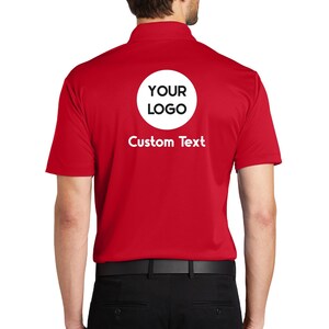 a man wearing a red polo shirt with the words your logo on it