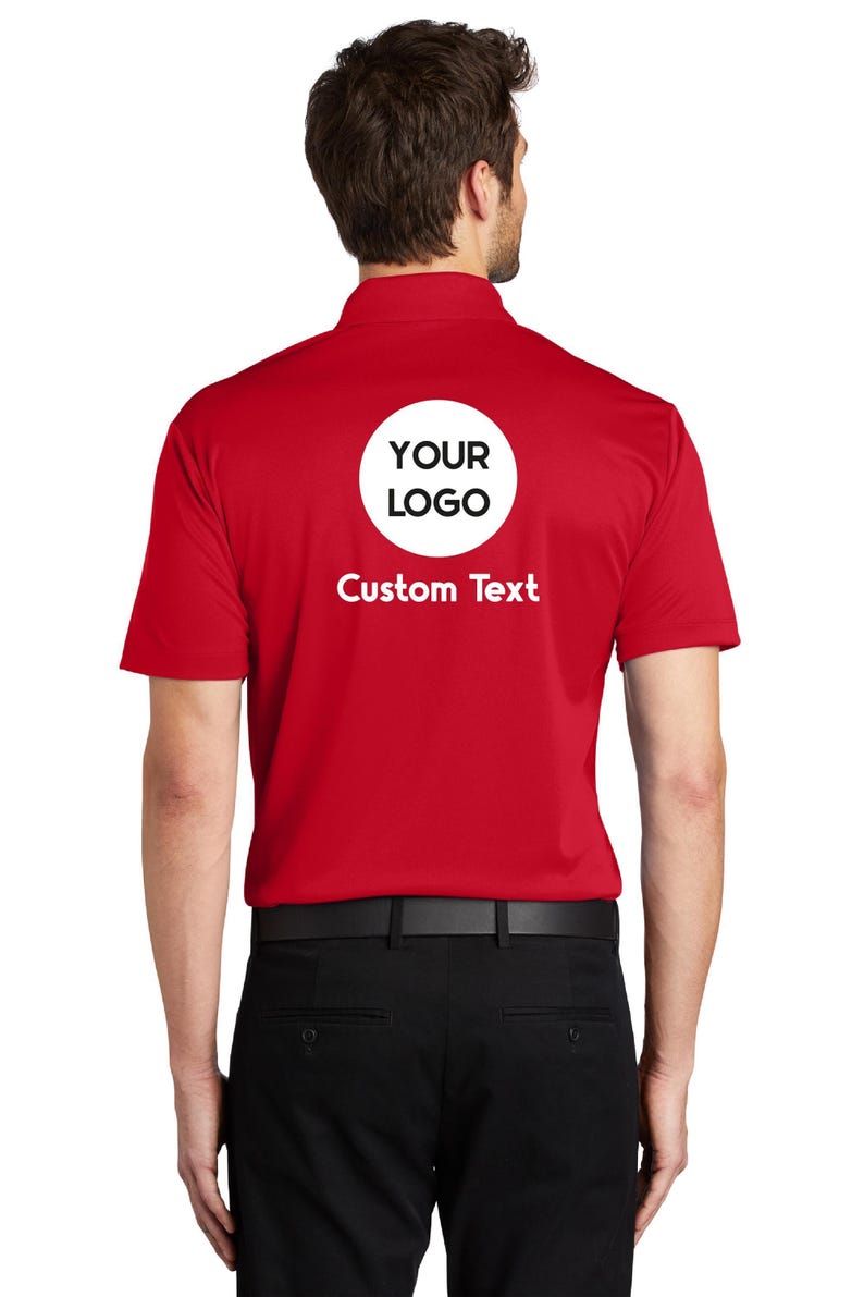 a man wearing a red polo shirt with the words your logo on it