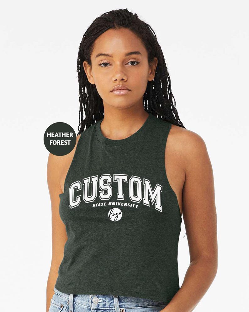 a woman wearing a green tank top with the word custom printed on it