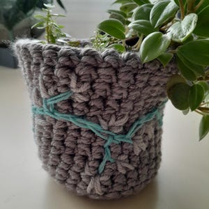 以下が含まれることがあります： 薄い青色の糸のアクセントが付いた灰色の編み物の植木鉢。鉢には緑色の植物が入っています。