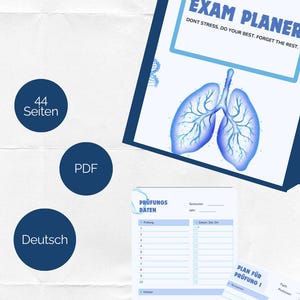 Könnte beinhalten: Ein digitaler Medizinstudenten-Planer mit einem Lungen-Motiv auf dem Deckblatt und dem Text EXAM PLANER DONT STRESS. DO YOUR BEST. FORGET THE REST. Enthält Seiten für Prüfungsdaten und Lernpläne, mit kreisförmigen Symbolen für 44 Seiten, PDF-Format, deutsche Sprache und medizinischer Fokus.
