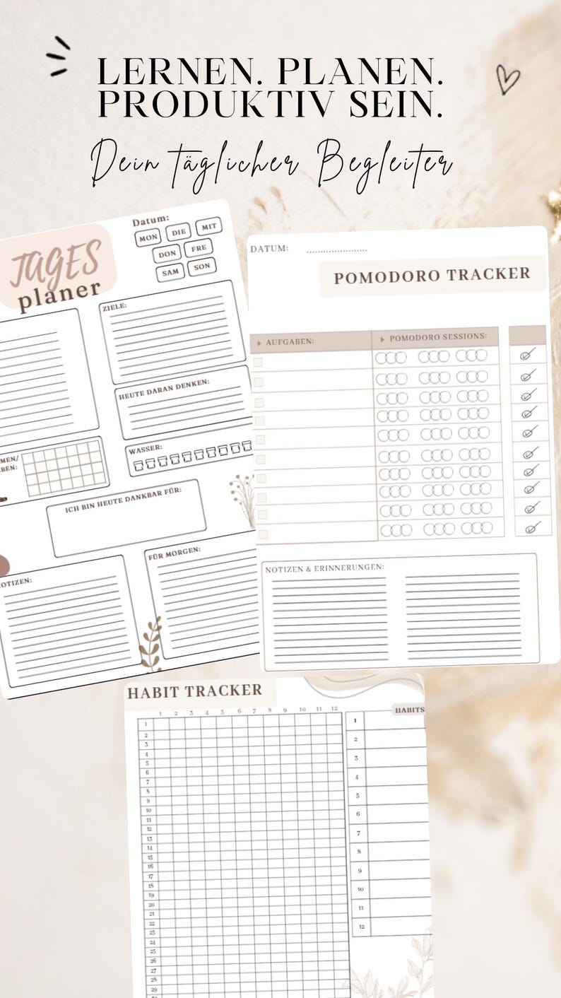 Pode incluir: Um conjunto de tr&ecirc;s folhas de planeamento em papel branco com texto preto. As folhas incluem um planeador di&aacute;rio com sec&ccedil;&otilde;es para objetivos, &aacute;gua e gratid&atilde;o, um rastreador pomodoro com listas de tarefas e uma grelha de h&aacute;bitos di&aacute;rios.