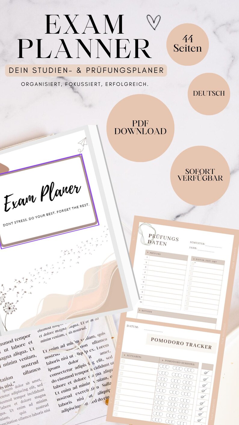 Planejador de exames em alemão | Estética minimalista em bege | Organização de estudos | Planejador universitário | Organize seus exames | Planejador de aprendizagem digital imagem 1
