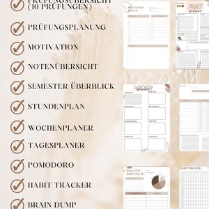 Pode incluir: Um conjunto de planejadores digitais apresentando uma lista de recursos, incluindo Pruefungsuebersicht, Pruefungsplanung, Motivation, Notenuebersicht, Semester Ueberblick, Stundenplan, Wochenplaner, Tagesplaner, Pomodoro, Habit Tracker e Brain Dump.