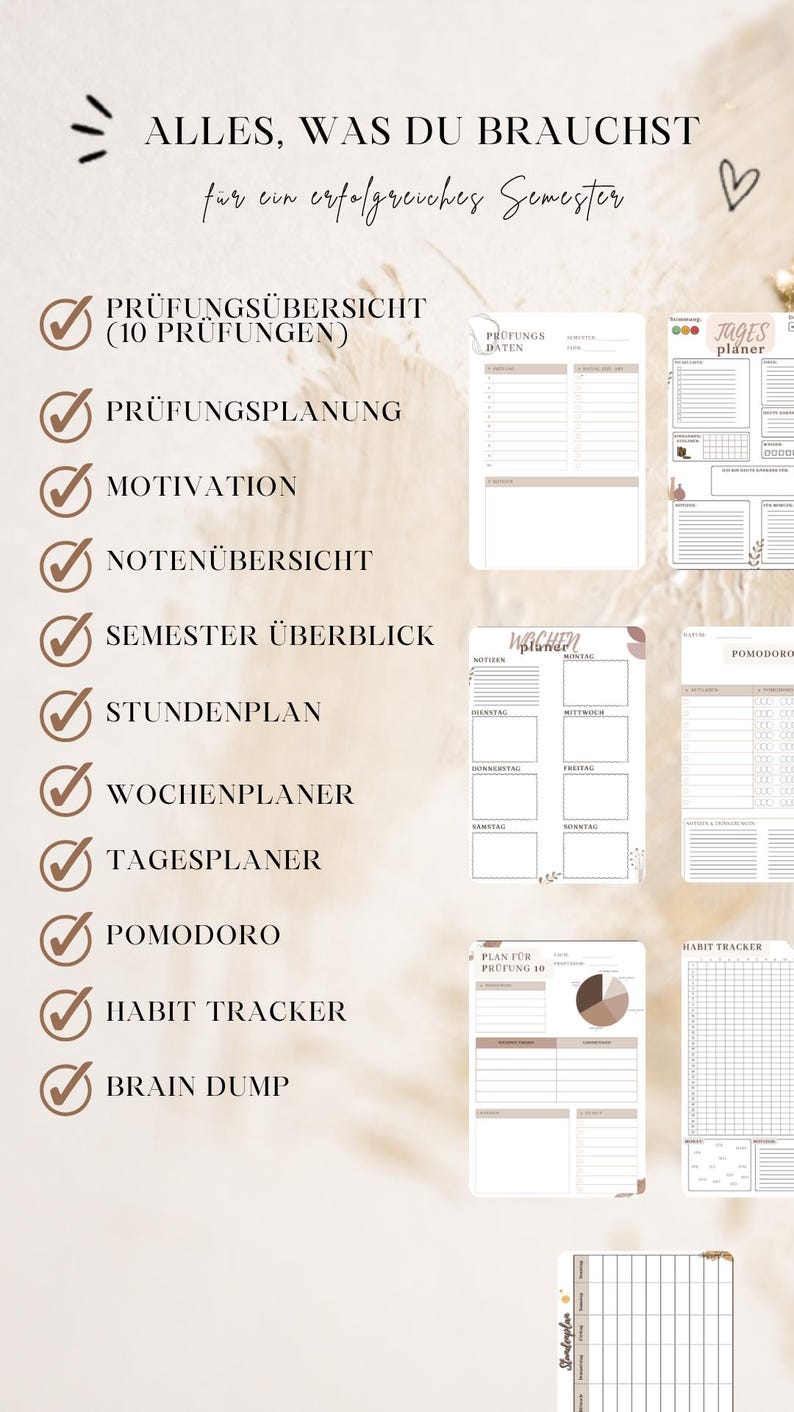 Pode incluir: Um conjunto de planejadores digitais apresentando uma lista de recursos, incluindo Pruefungsuebersicht, Pruefungsplanung, Motivation, Notenuebersicht, Semester Ueberblick, Stundenplan, Wochenplaner, Tagesplaner, Pomodoro, Habit Tracker e Brain Dump.
