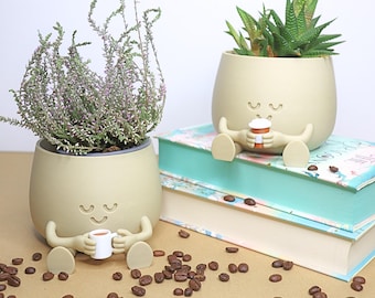 Official Happy Face Planter - Coffee buddy- Cozy little plant pot holding a coffee mug. cute coffee lover gift smiley face pot with accesory