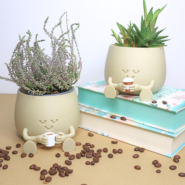 Official Happy Face Planter - Coffee buddy- Cozy little plant pot holding a coffee mug. cute coffee lover gift smiley face pot with accesory
