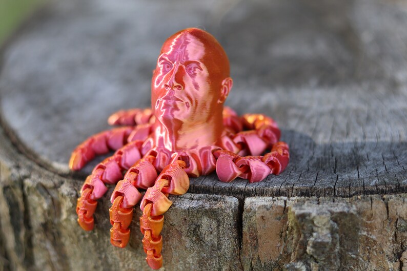 May include: A 3D printed sculpture of a human head with a red, metallic finish, attached to a set of octopus tentacles.