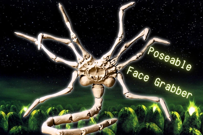 May include: A white, articulated, plastic model of the facehugger from the Alien movie franchise. The model is posed with its arms outstretched and its tail curled underneath. The model is set against a backdrop of green alien eggs and a starry night sky. The text "Poseable Face Grabber" is written in white on a black background.