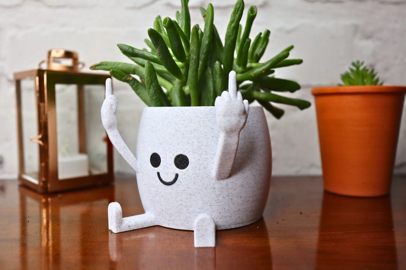 May include: White ceramic planter shaped like a person with arms raised in a middle finger gesture. The planter has a smiling face and is holding a green succulent plant.