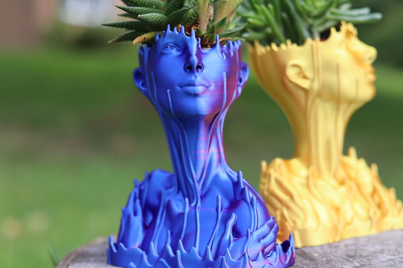 May include: Two decorative head-shaped planters, one blue and one yellow, each holding a succulent plant. The blue planter has a face with detailed features and a textured, flowing design. The yellow planter is next to it, with a similar design. The planters are on a wooden surface.