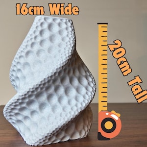 May include: A gray, textured vase with a unique, twisted design. The vase is 16cm wide and 20cm tall (6.3 inches wide and 7.9 inches tall). The surface has a pattern of small, raised bumps. The text on the image reads "16cm Wide" and "20cm Tall".