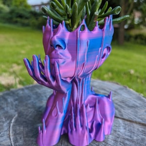May include: A 3D printed planter shaped like a human head with dripping blue and purple paint. The planter has a small succulent plant growing out of the top.
